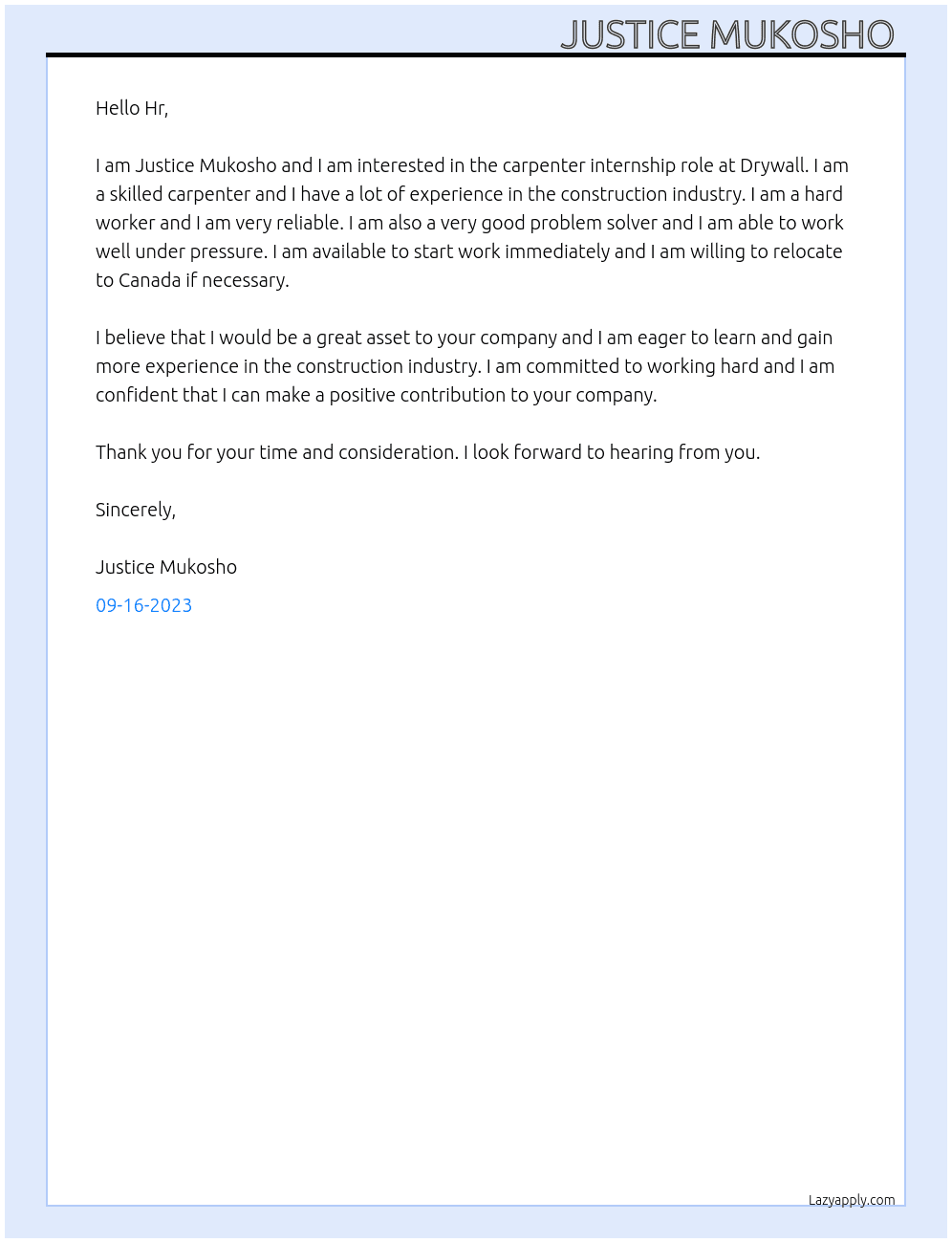 Carpenter  At Drywall  Cover Letter