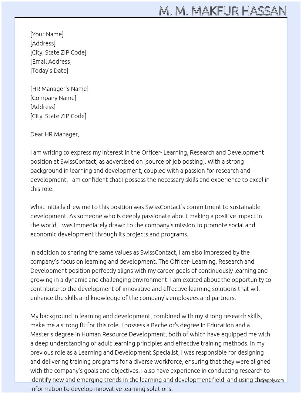 Officer- Learning, Research and Development, ASTHA At SwissContact Cover Letter