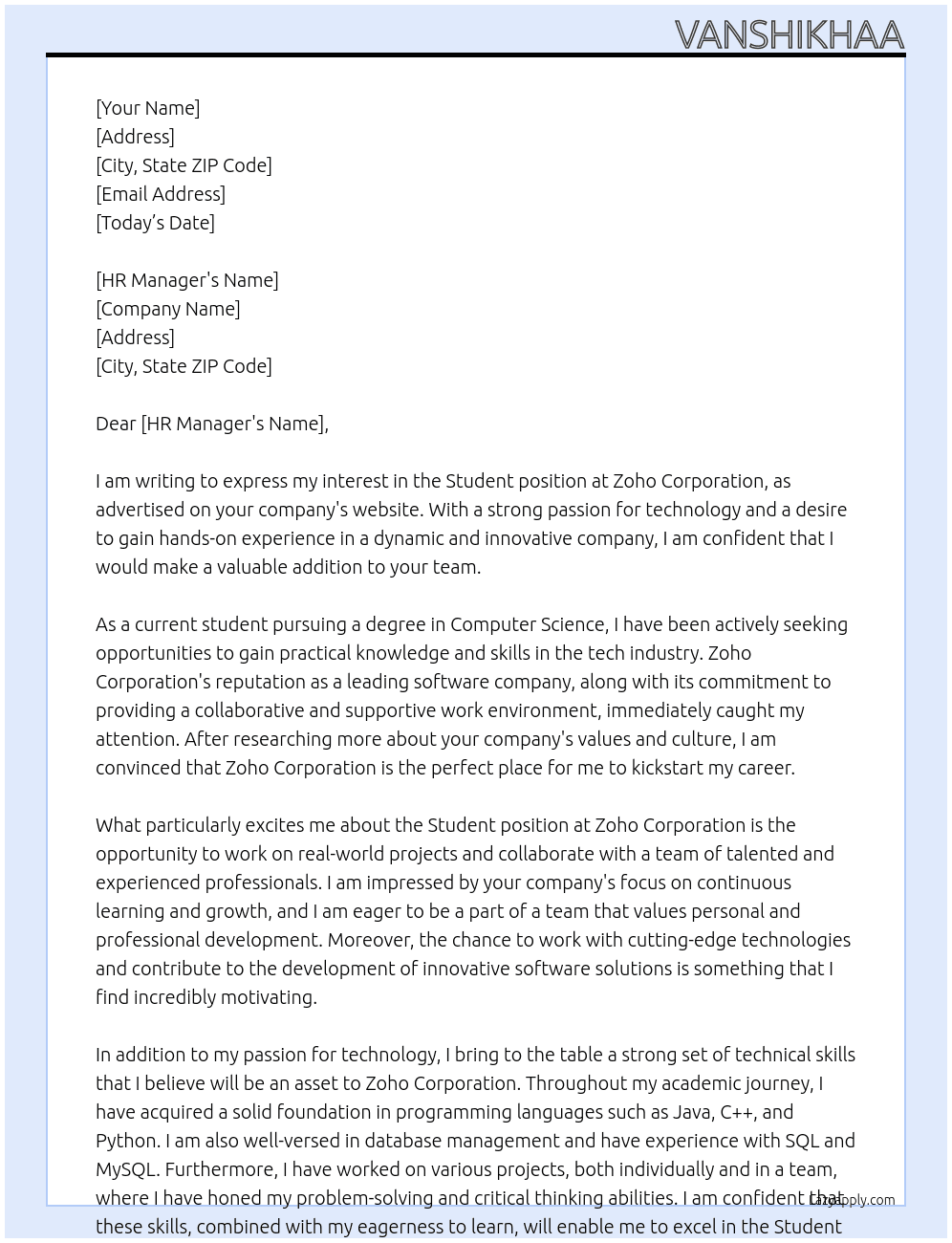 Student  At Zoho corporation  Cover Letter