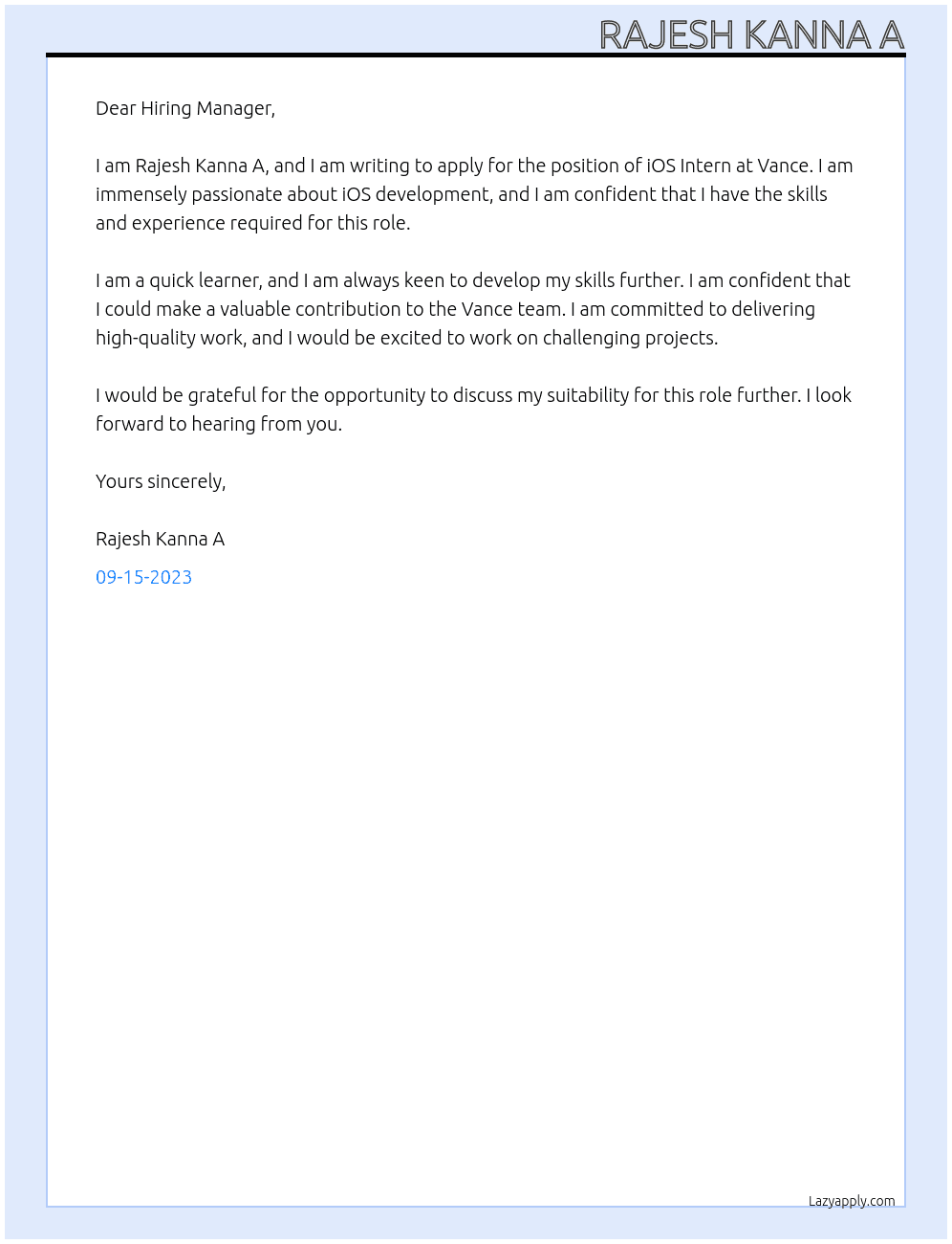 Ios Intern At Vance Cover Letter