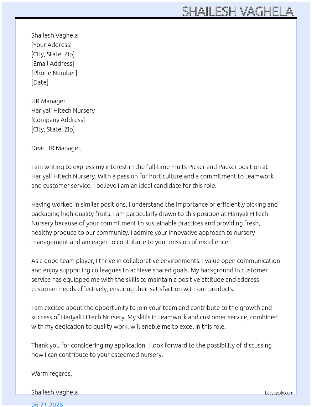 Fruits pickers paking  At Hariyali hitech nursery  Cover Letter