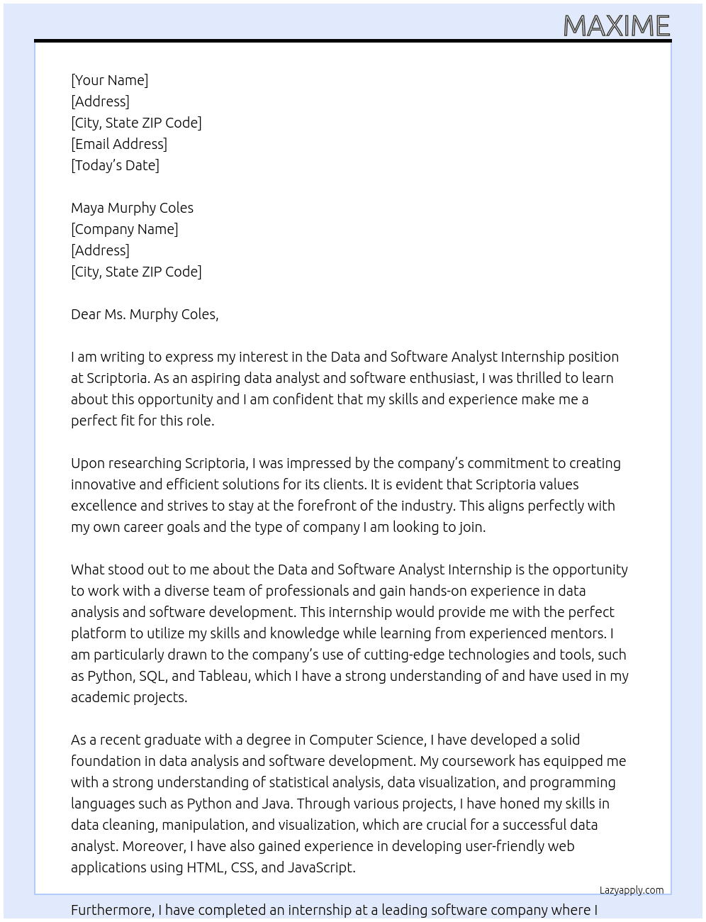 Data and Software Analyst Internship At Scriptoria Cover Letter