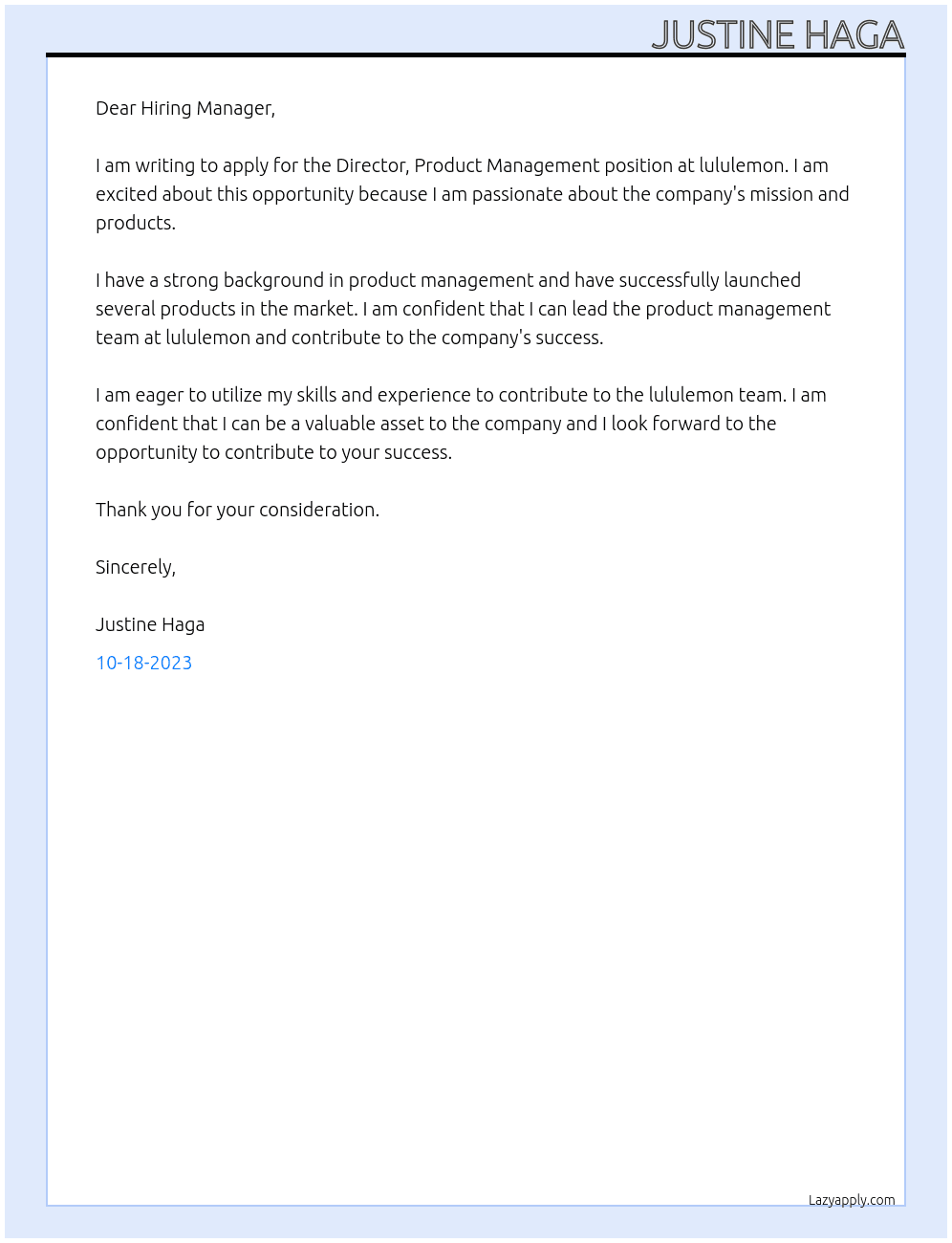 Director, Product Management At lululemon Cover Letter