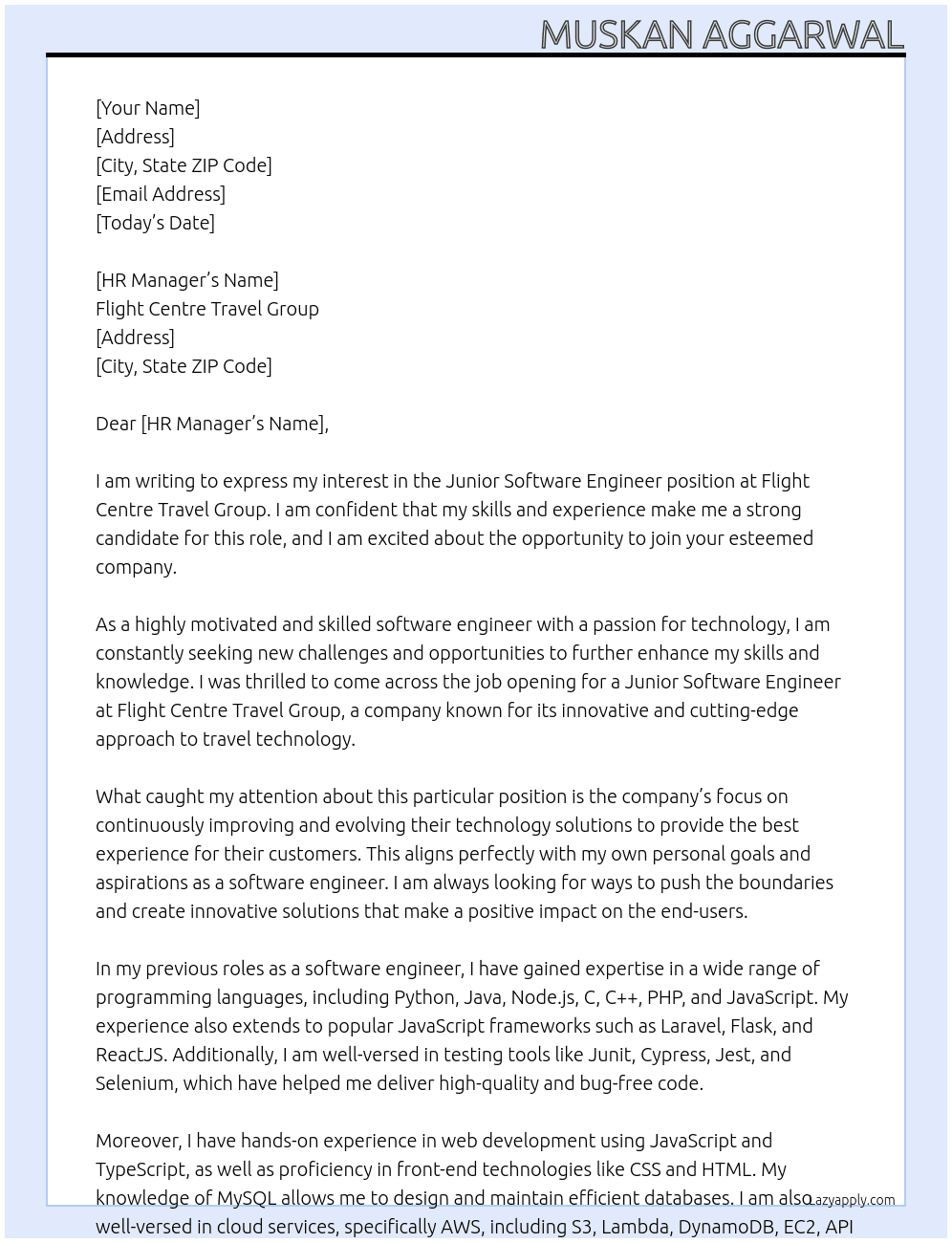 junior software engineer At Flight Centre Travel Group  Cover Letter