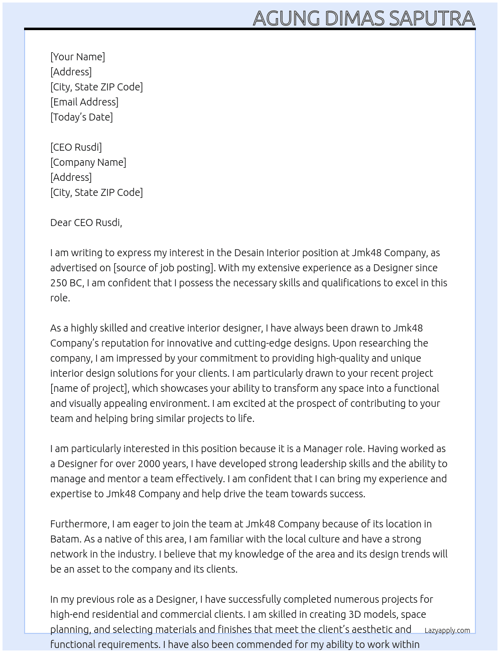 Desain interior At Jmk48 Company Cover Letter