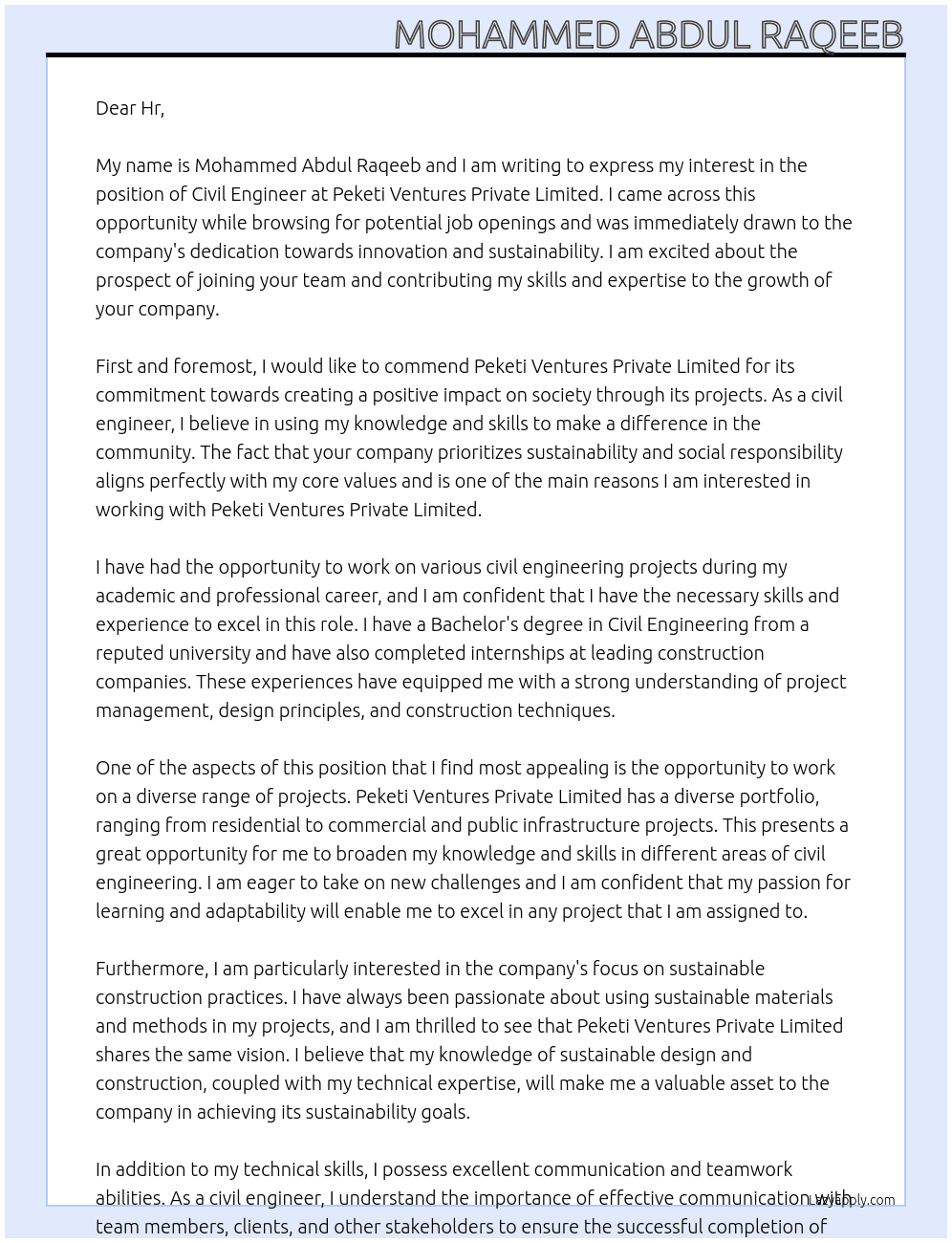 Civil Engineer At Peketi Ventures Private Limited Cover Letter