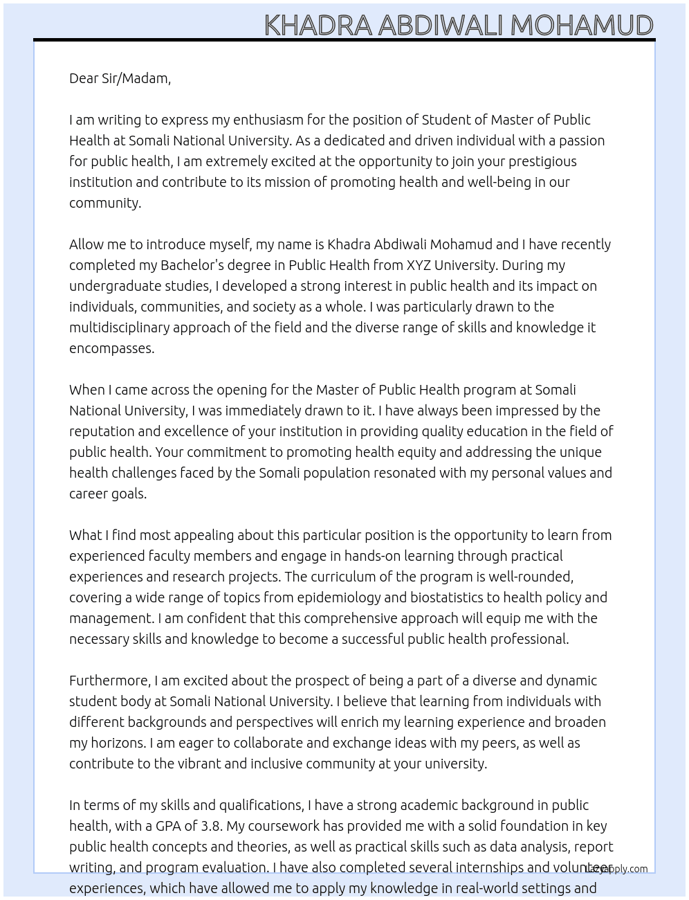 Student of Master Of Public Health At Somali National University Cover Letter