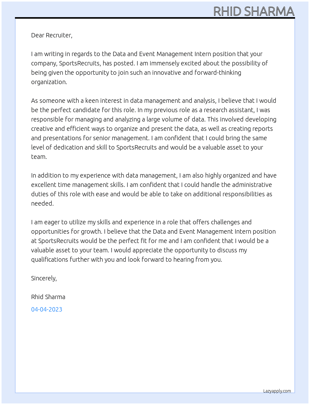 Data and Event Management Intern At SportsRecruits Cover Letter