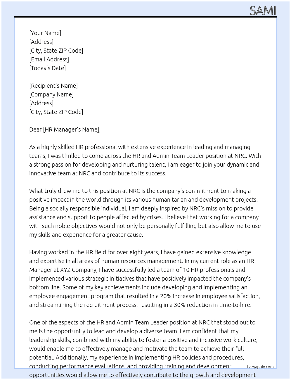 HR and admin team leader At NRC Cover Letter