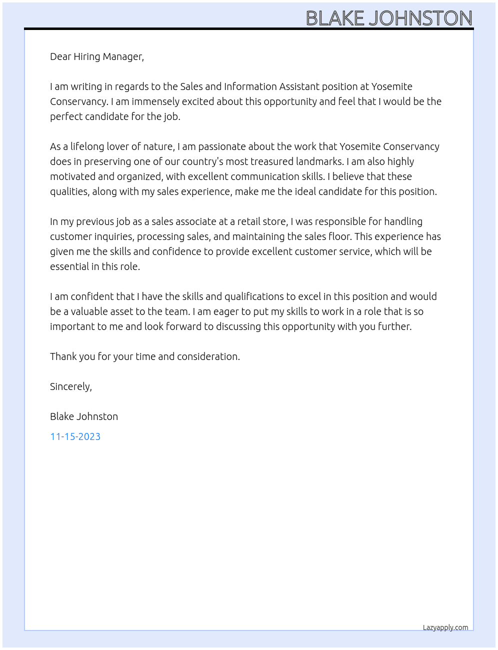 Sales and Information Assistant At Yosemite Conservancy Cover Letter