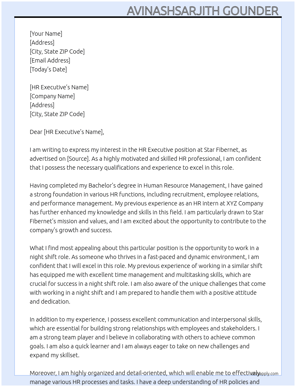 Hr executive At Star fibernet Cover Letter