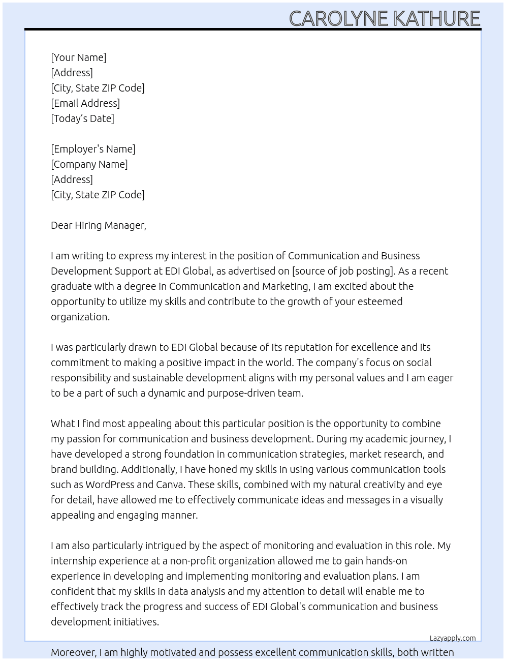  Communication and Business Development Support  At EDI Global Cover Letter