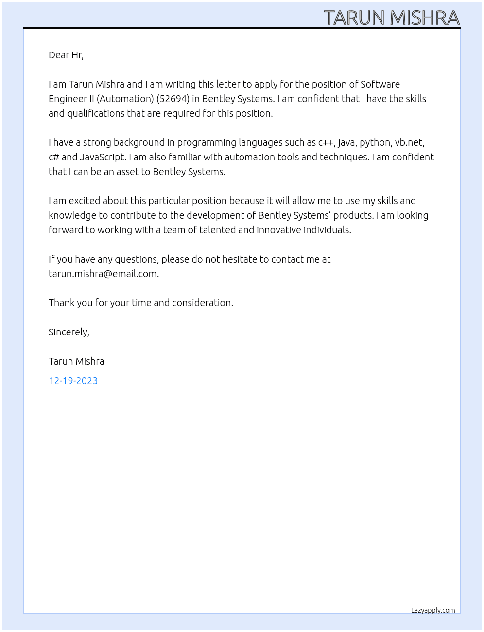 Software Engineer II (Automation) (52694) At Bentley Systems Cover Letter