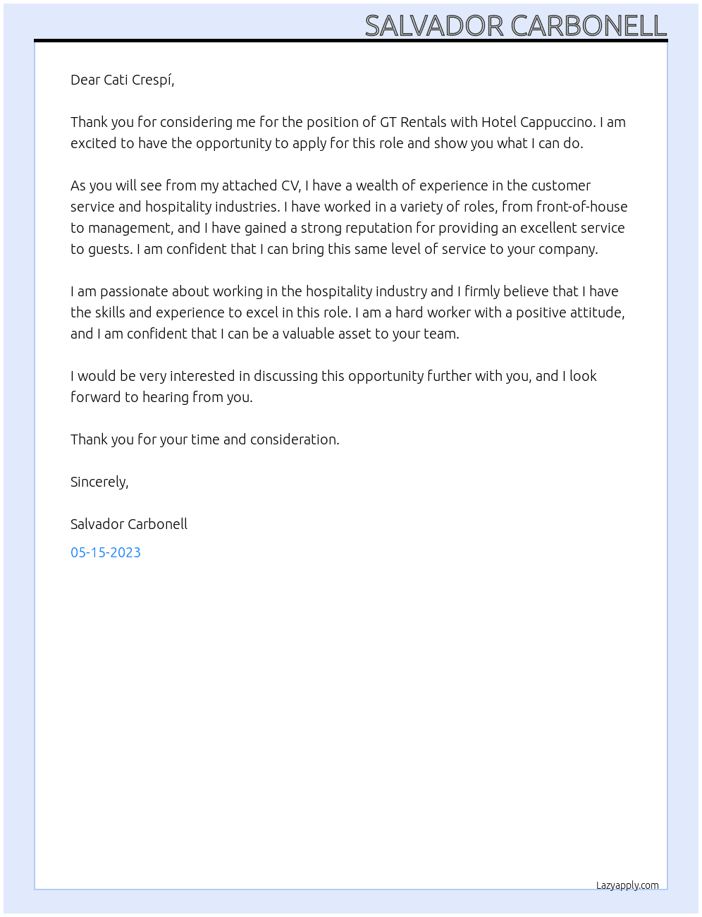 GT Rentals At Hotel Cappuccino Cover Letter