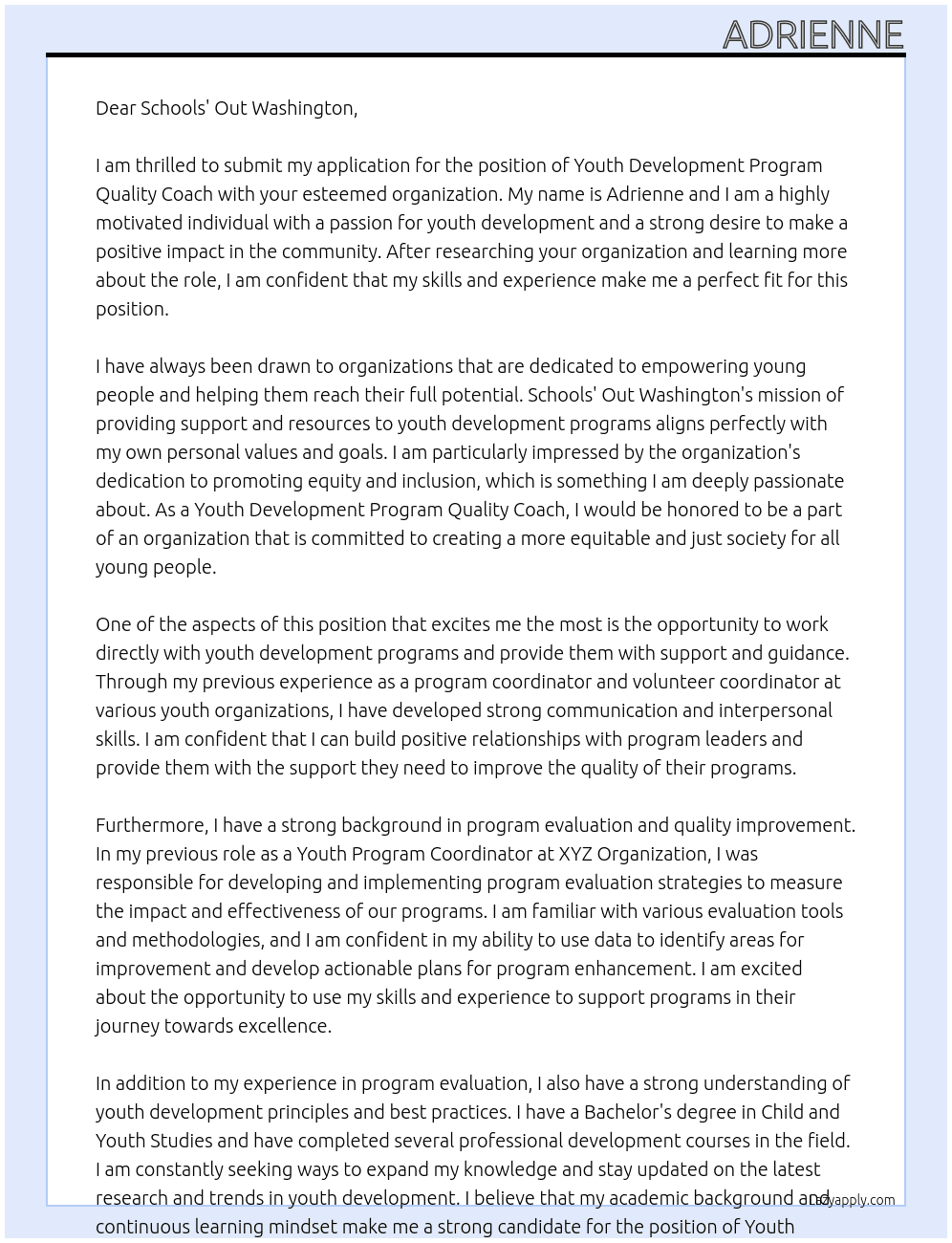 Youth Development Program Quality Coach At Schools' Out Washington Cover Letter