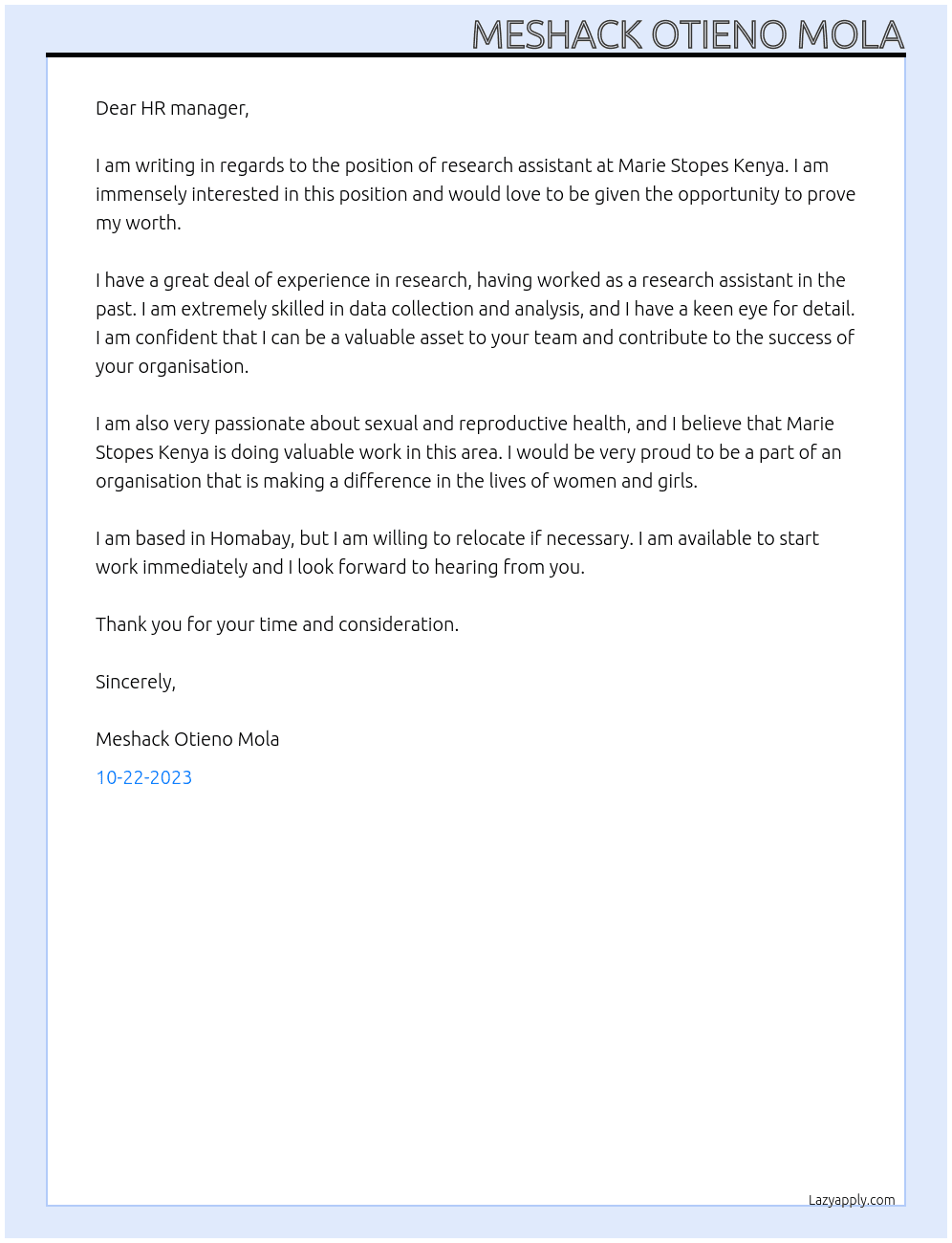 RESEARCH ASSISTANTS. At Marie Stopes Kenya Cover Letter