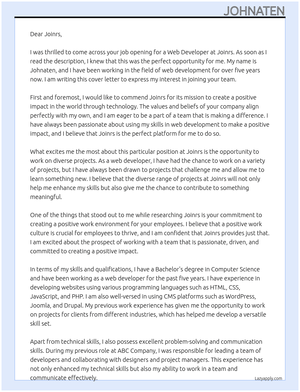 Web Developer At Joinrs Cover Letter