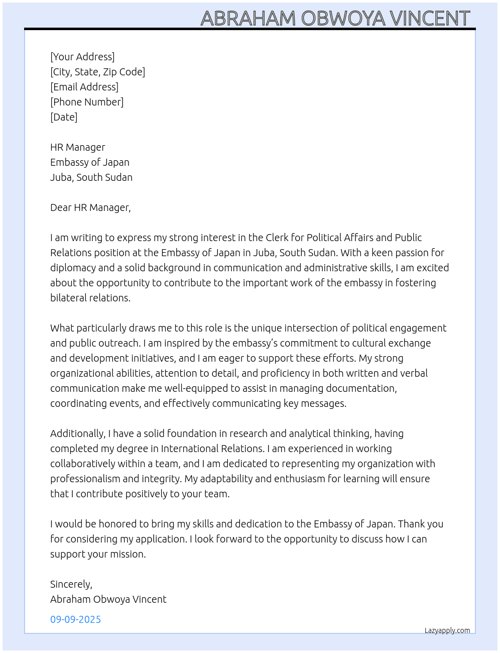 Clerk for Politial Affairs and Public relations At Embassy of Japan, Juba South Sudan Cover Letter