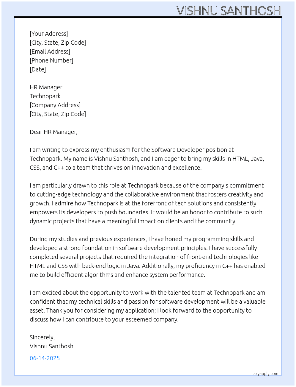 Software developer  At Technopark Cover Letter