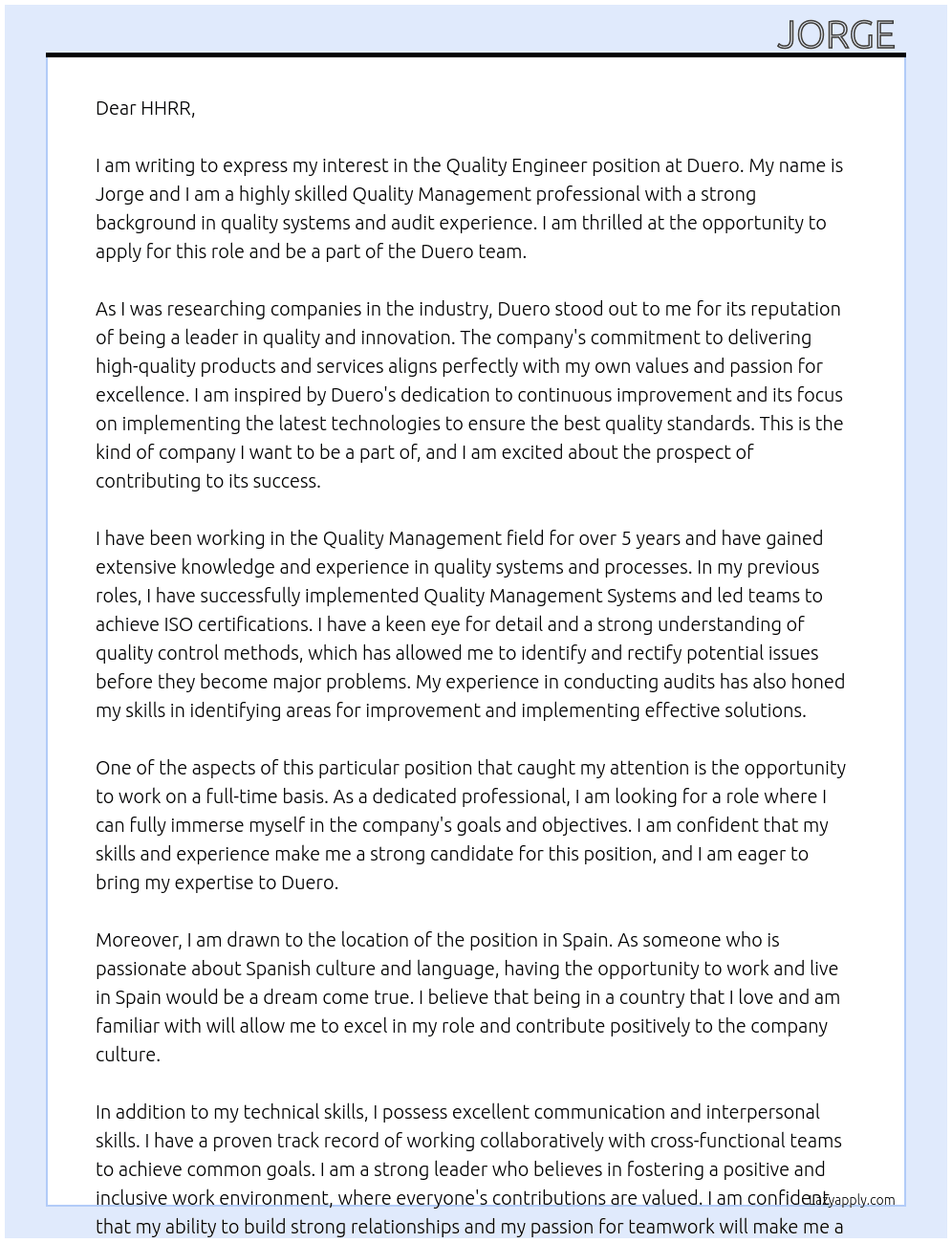 Quality engineer At Duero  Cover Letter