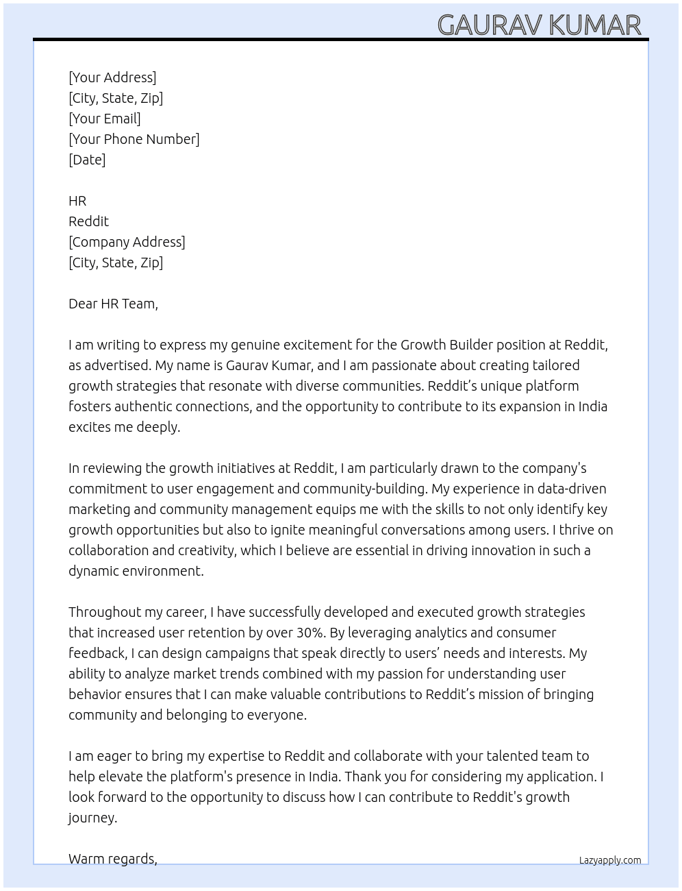 Cover letter for growth builder india - LazyApply