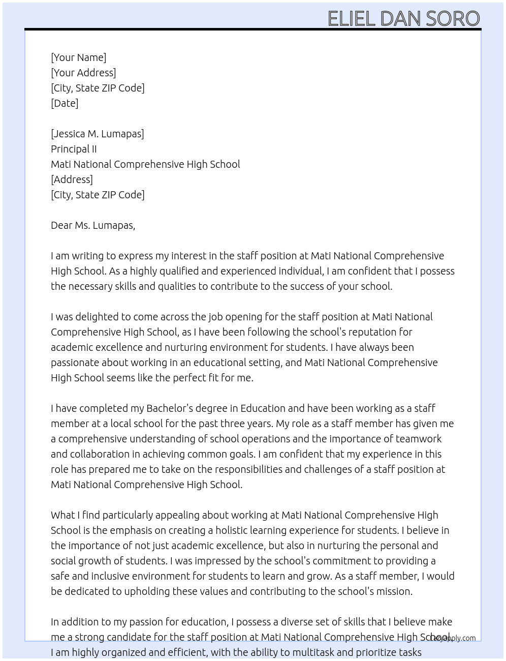Staff At Mati National Comprehensive High School Cover Letter