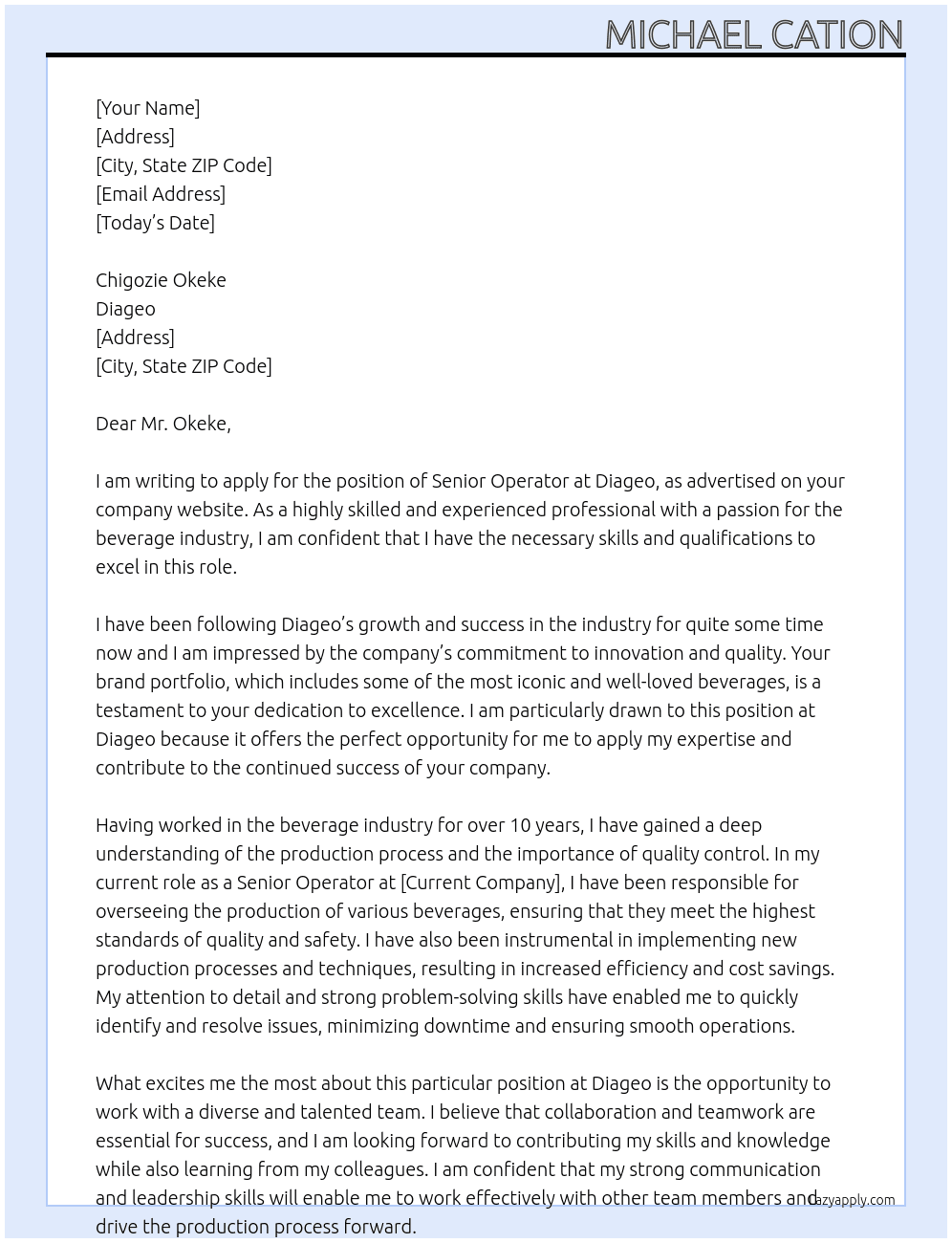 senior operator At diageo Cover Letter