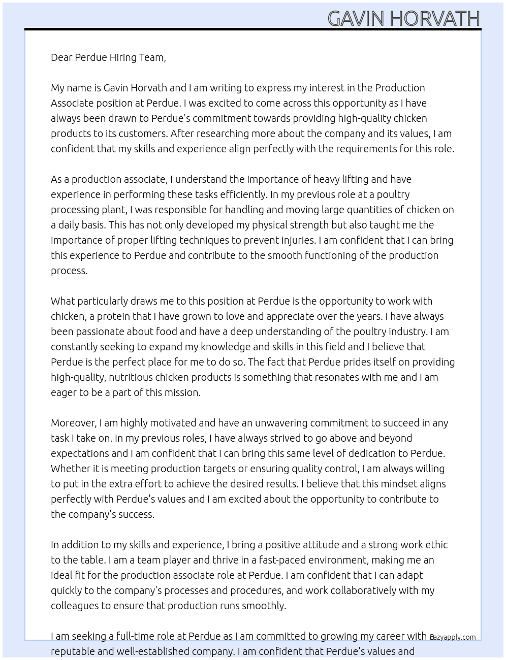Production associate At Perdue Cover Letter