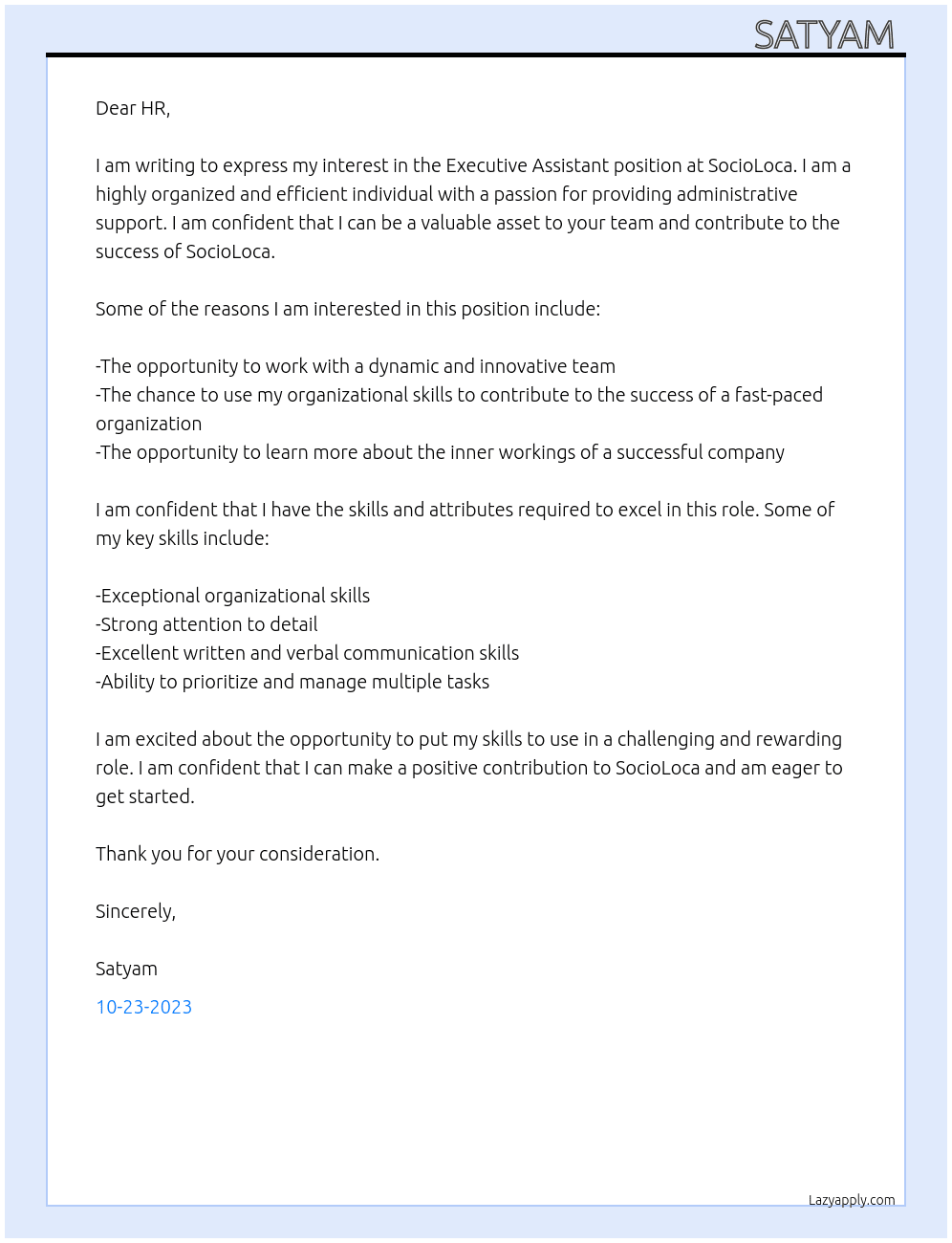 Executive Assistant At SocioLoca Cover Letter