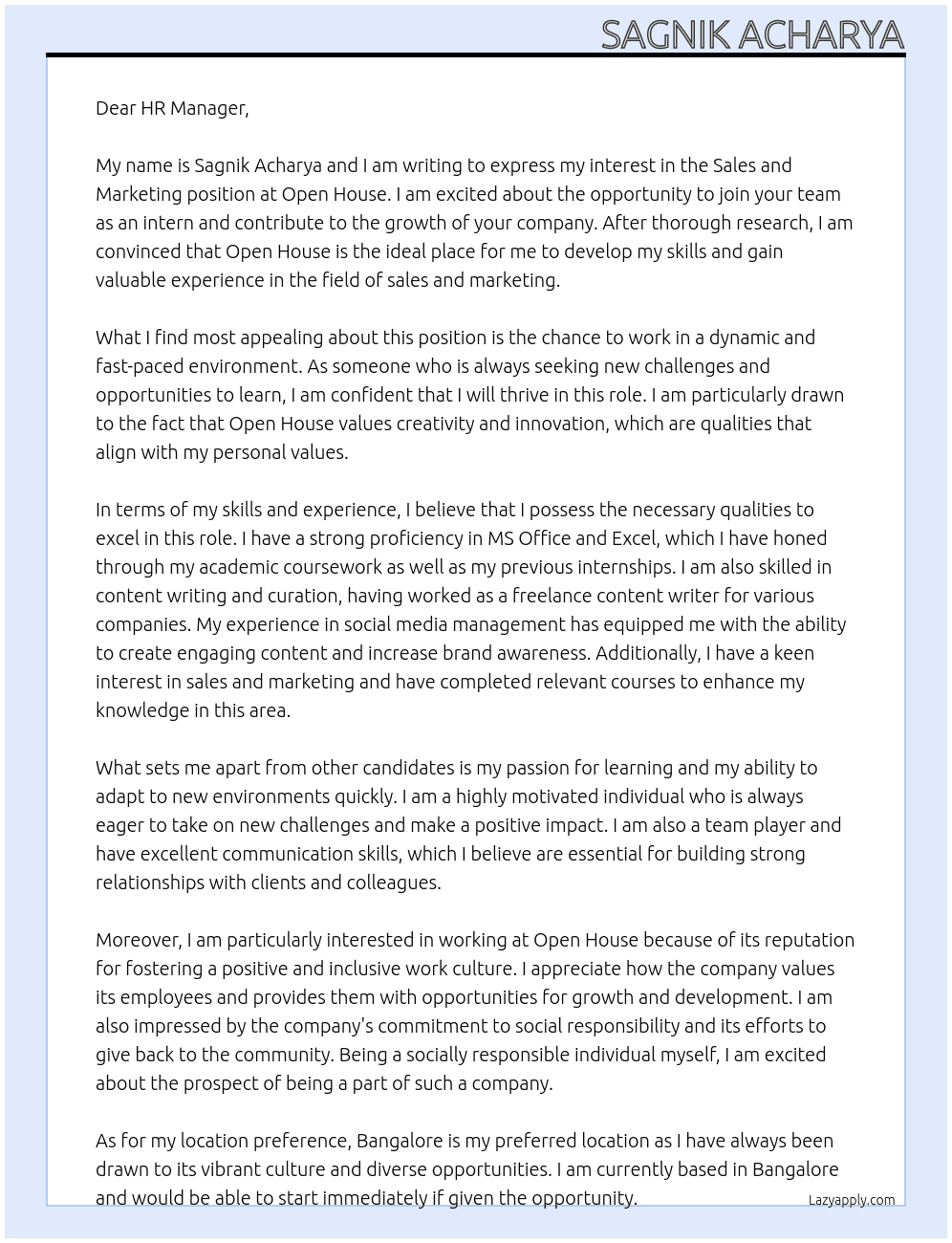 Sales and marketing At Open House Cover Letter
