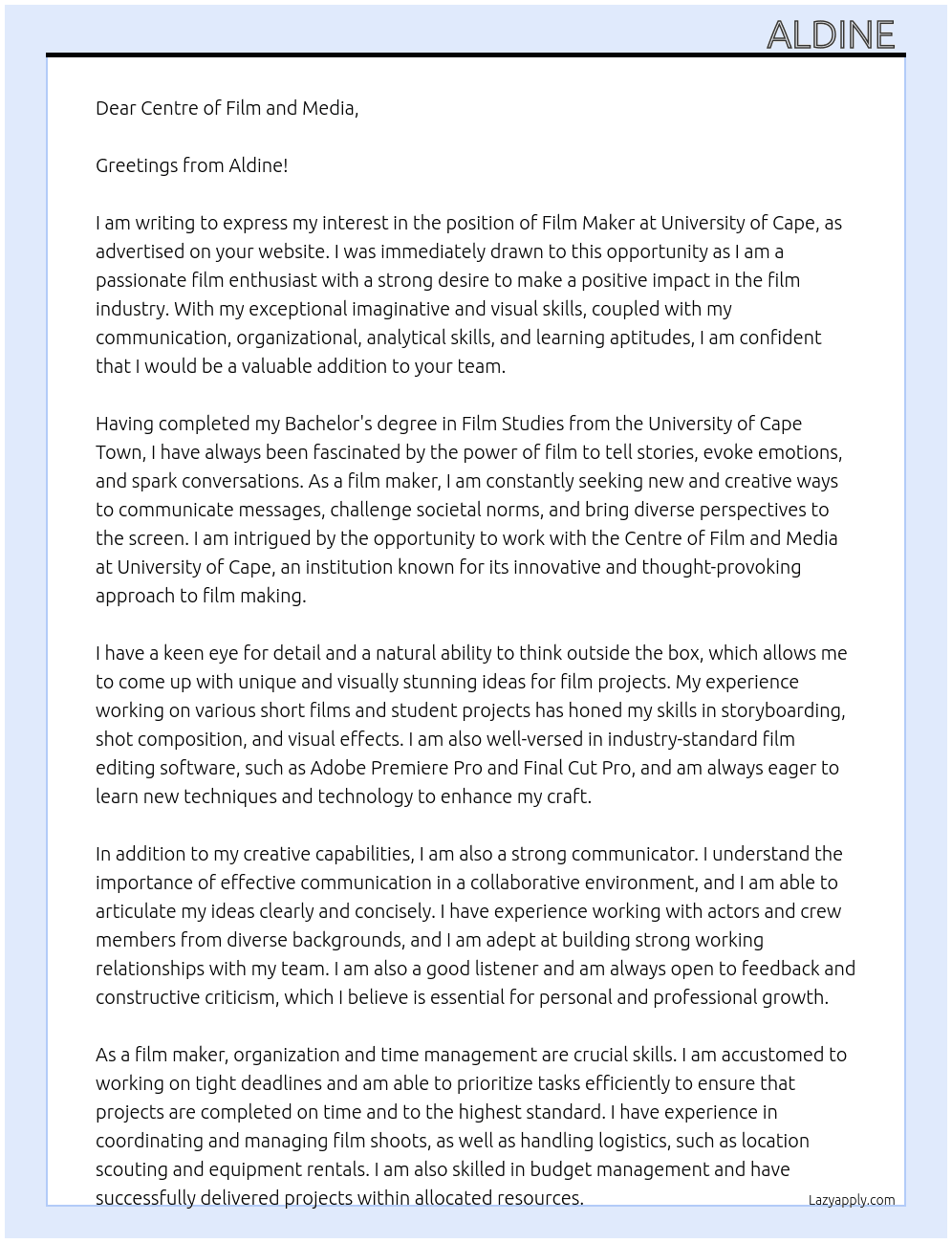 Film maker At University of Cape  Cover Letter