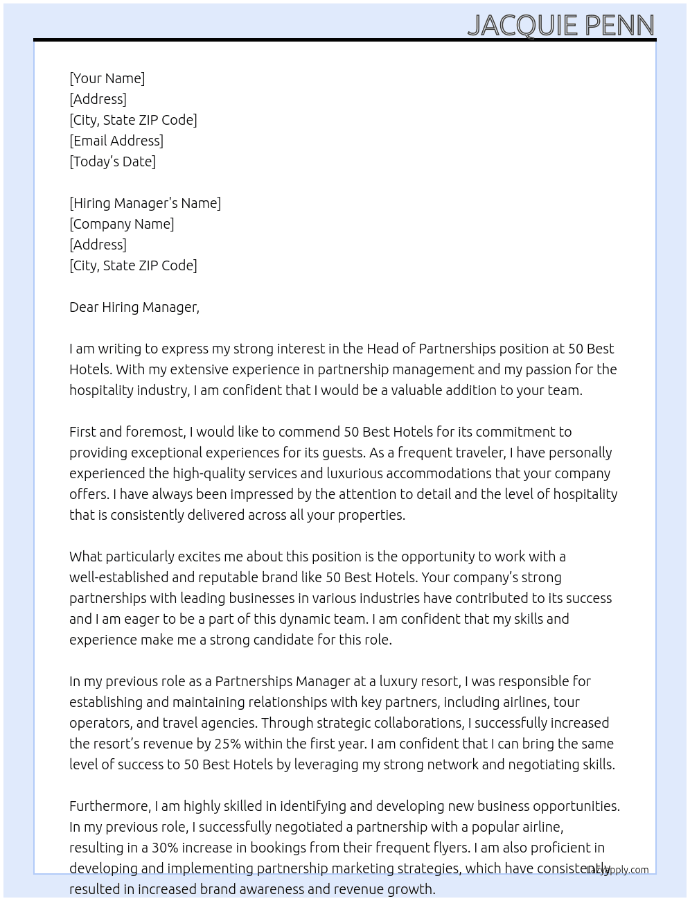 Head of partnerships  At 50 Best Hotels Cover Letter