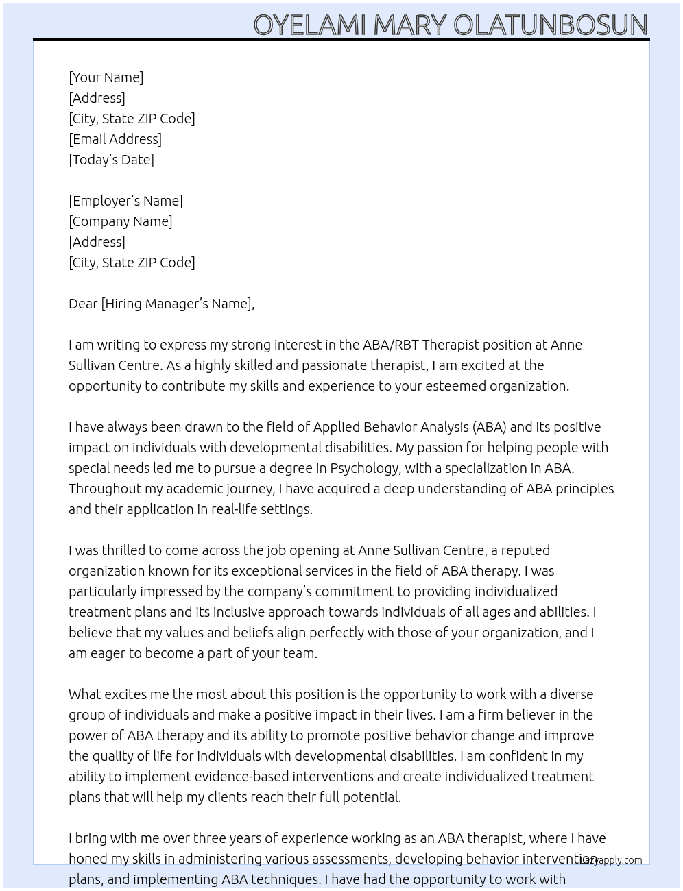 ABA/RBT Therapist At ANNE SULLIVAN CENTRE Cover Letter