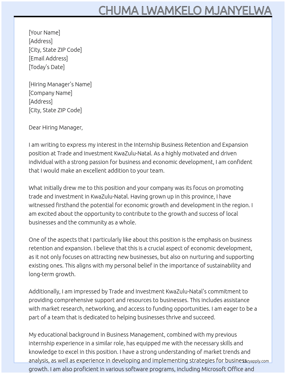 Cover letter for internship business retention and expansion - LazyApply