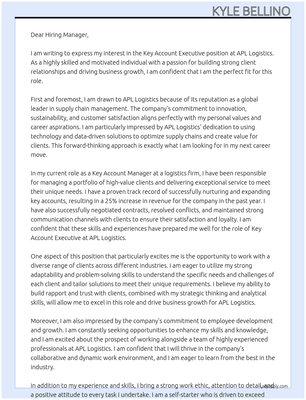 key account executive At APL Logistics Cover Letter