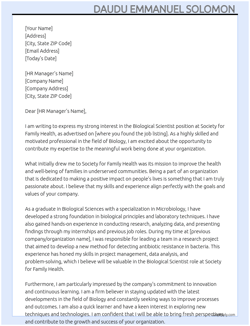 Biological Scientist  At Society for Family Health  Cover Letter
