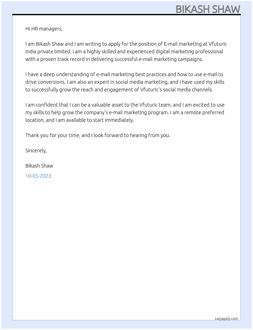 E-mail marketing  At Vfuturic india private limited  Cover Letter