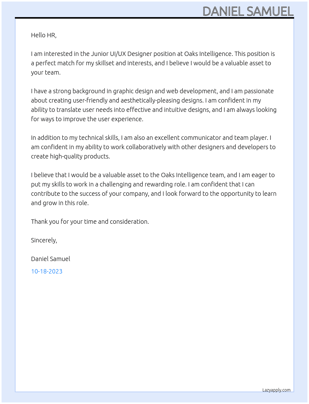 Junior UI/UX Designer At Oaks Intelligence Cover Letter