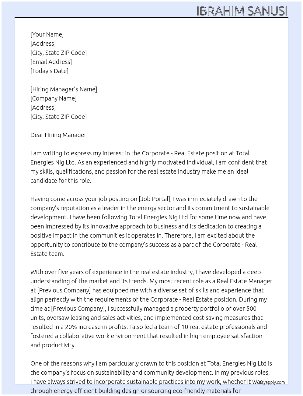 Corporate - Real Estate At Total Energies Nig Ltd Cover Letter