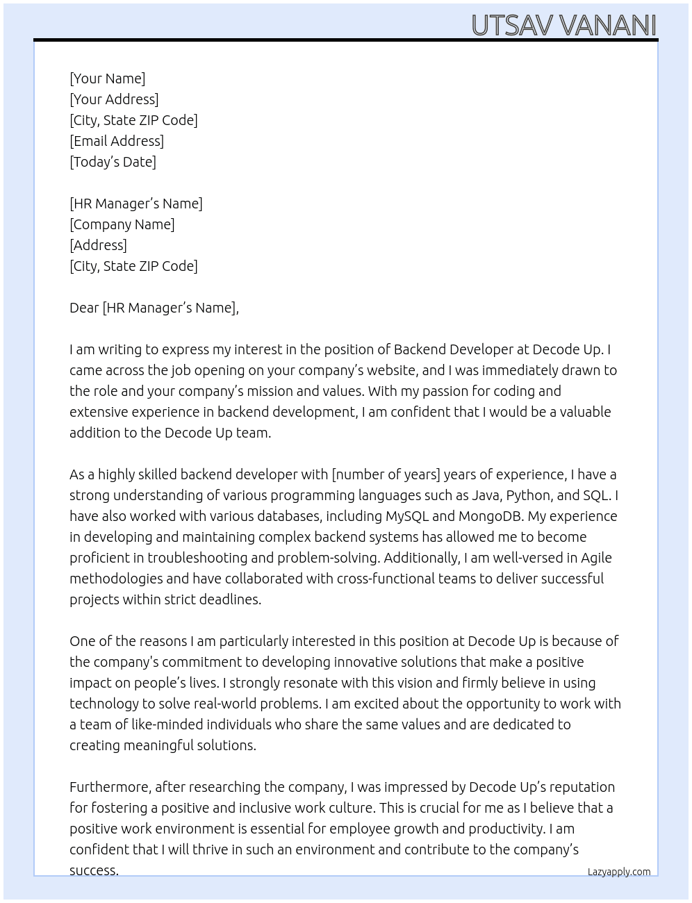 backend developer At decode up Cover Letter