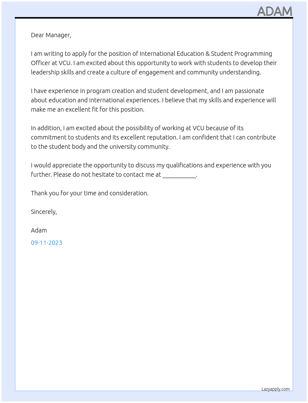 International Education & Student Programming Officer At VCU Cover Letter