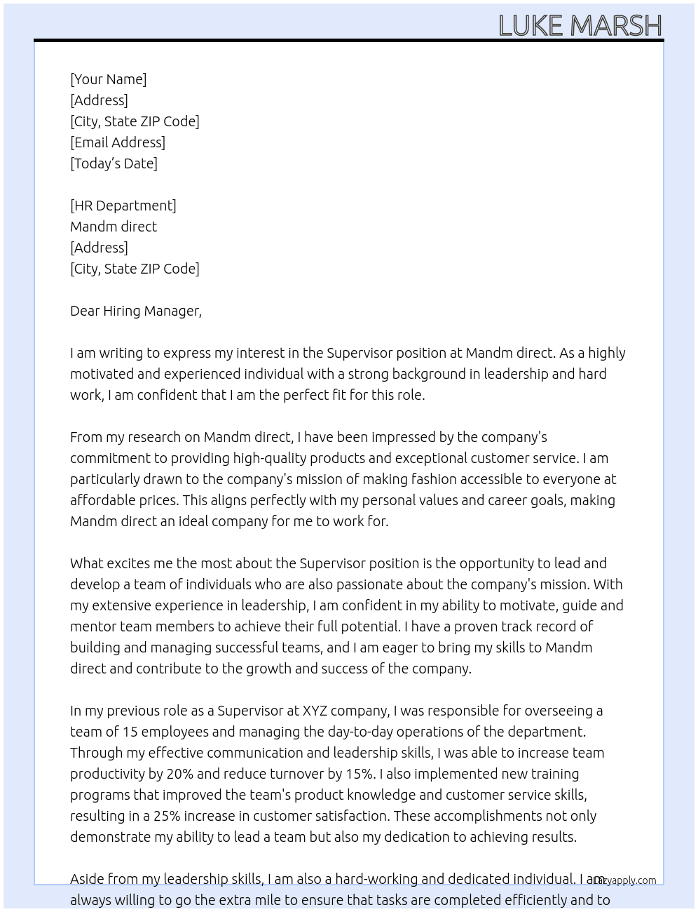 Supervisor At Mandm direct Cover Letter