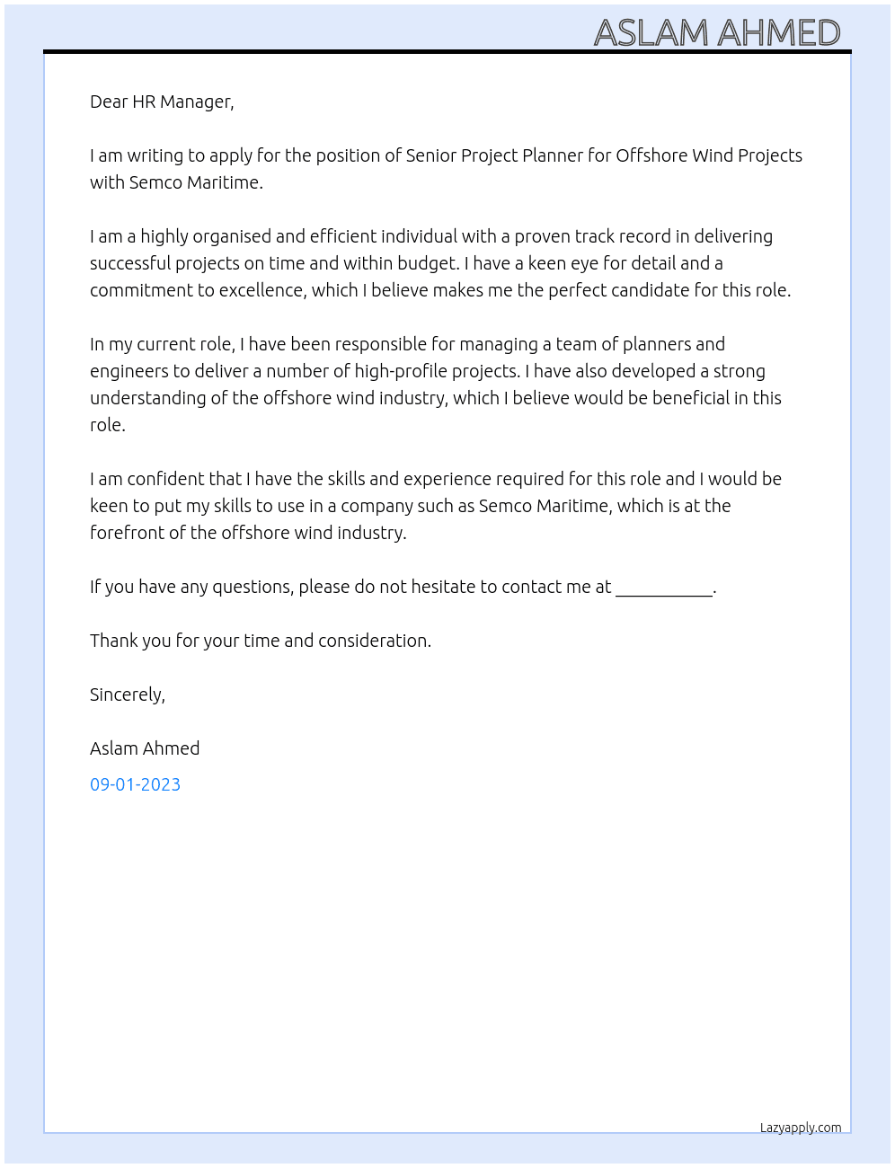 Senior Project Planner for Offshore Wind Projects At Semco Maritime Cover Letter