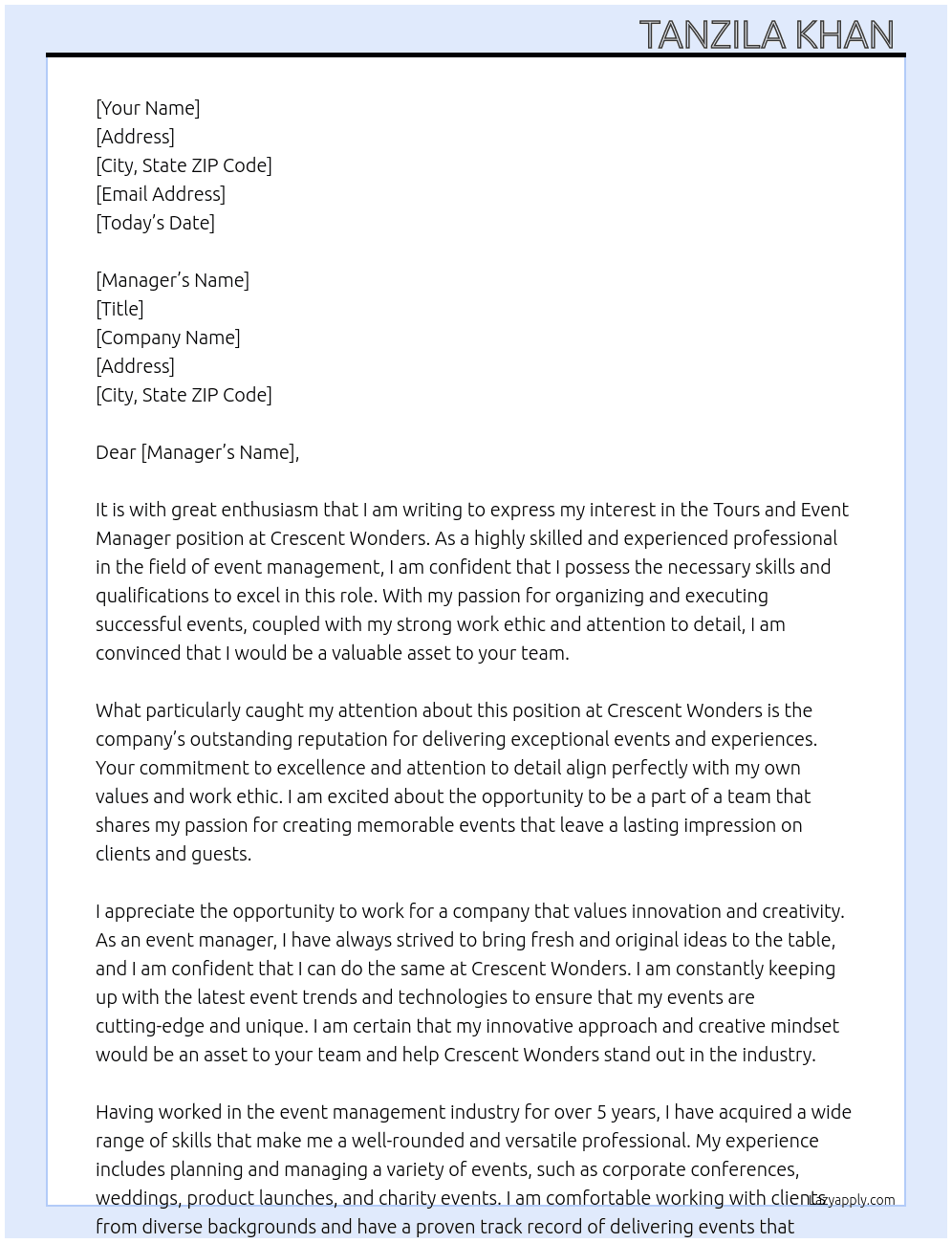 Tours and event  At Crescent wonders Cover Letter