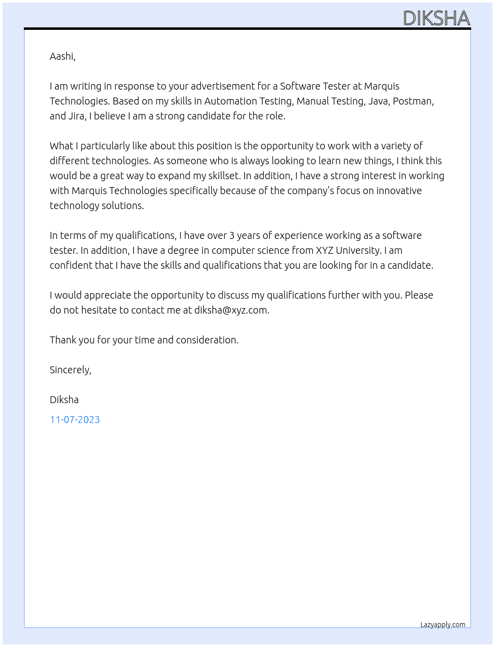 Software Tester At Marquis Technologies Cover Letter