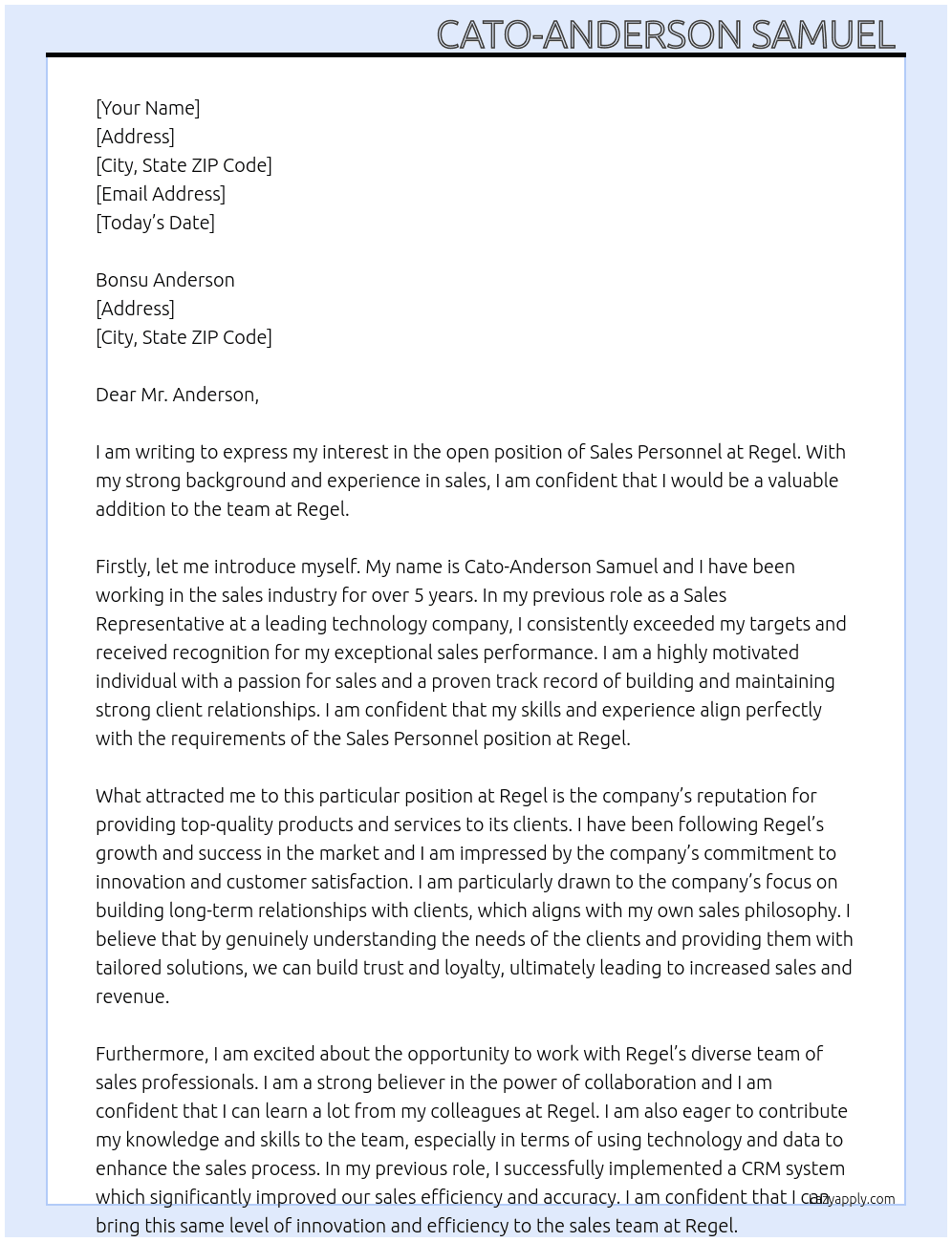 Sales personnel  At Regel Cover Letter