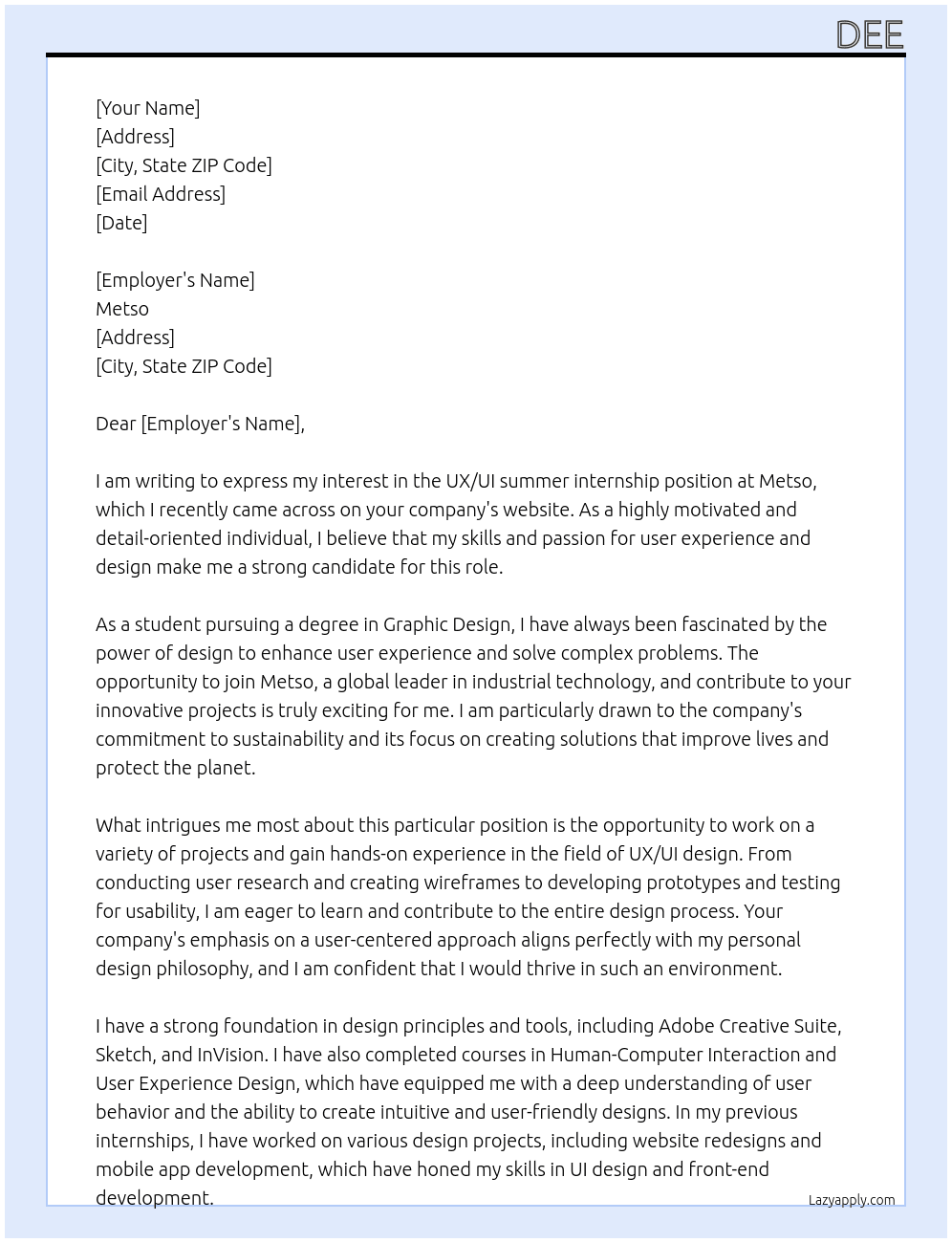 UX/UI summer internship At Metso Cover Letter