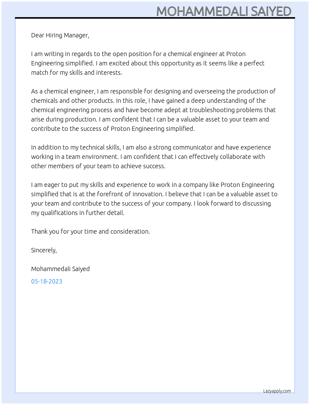 Chemical engineer  At Proton Engineering simplified  Cover Letter