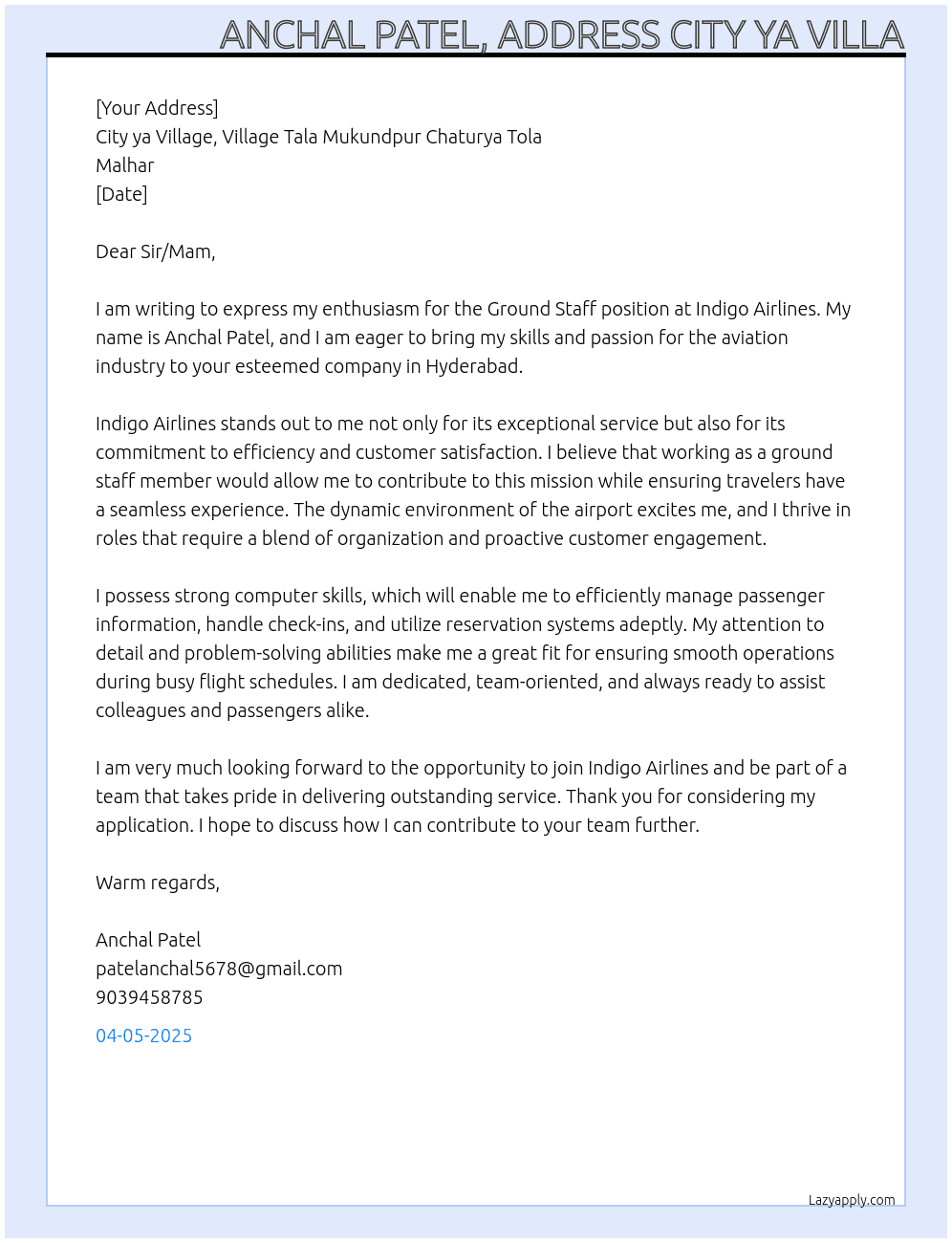 Indigo airlines ground staff  At Indigo airline Cover Letter