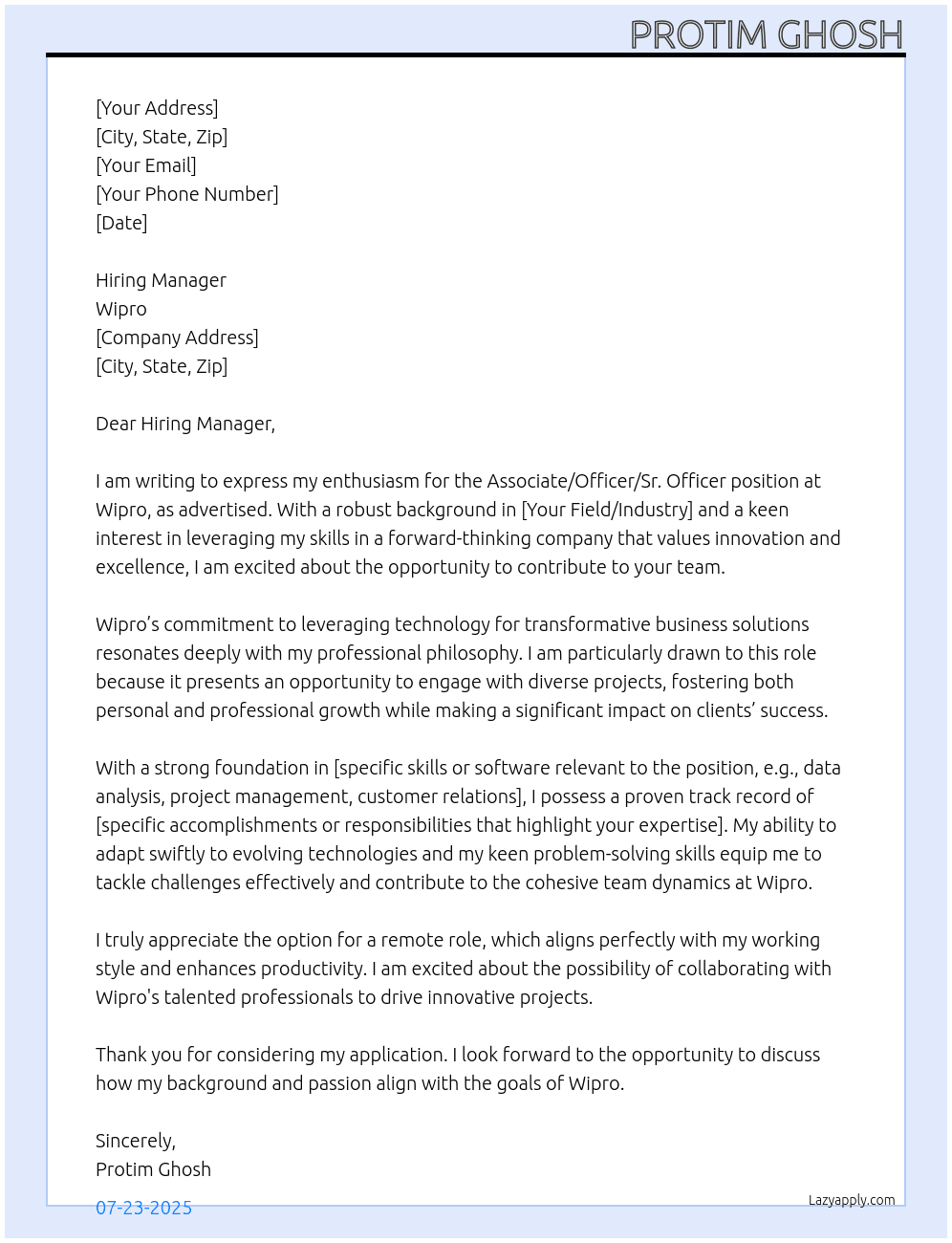 Cover letter for associate/officer/sr. officer - LazyApply